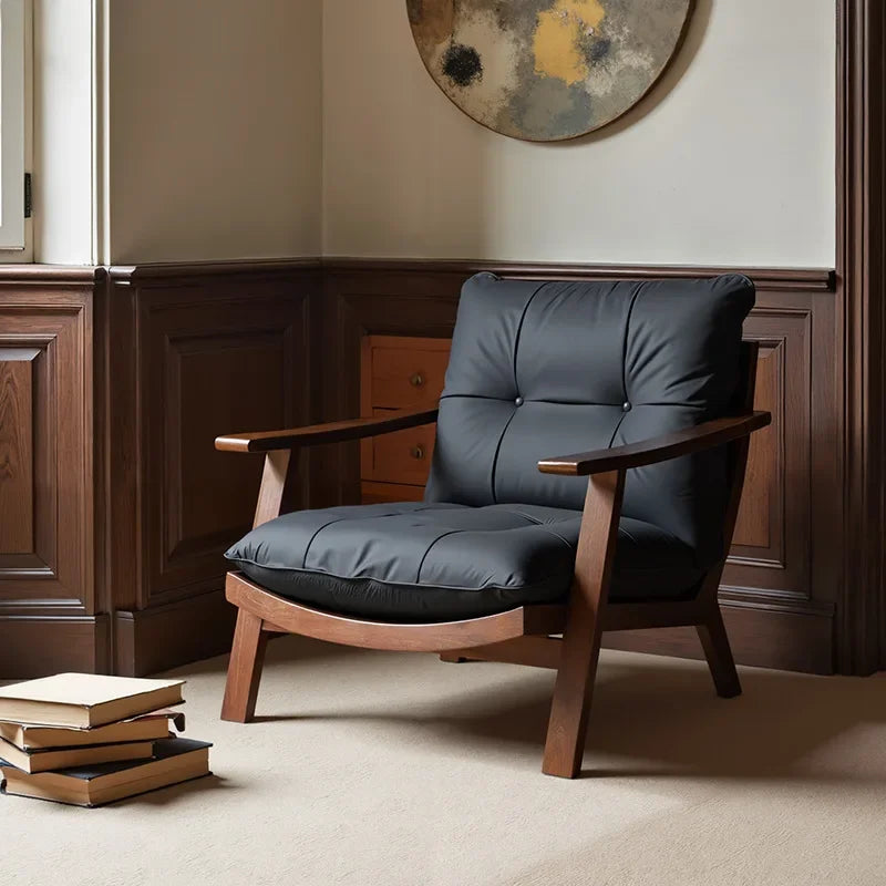 Cadeira de lazer de madeira maciça estilo medieval retro maillard couro único sofá cadeira sala estar varanda luz luxo preguiçoso sofá