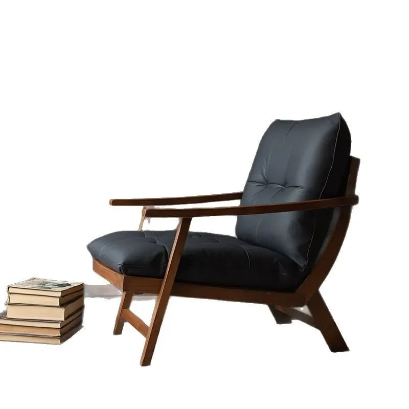 Cadeira de lazer de madeira maciça estilo medieval retro maillard couro único sofá cadeira sala estar varanda luz luxo preguiçoso sofá