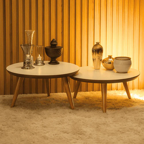 Kit 2 Mesas de Centro Para Casa Sala De Estar Decorativa Redonda Com Pés Palito Madeira